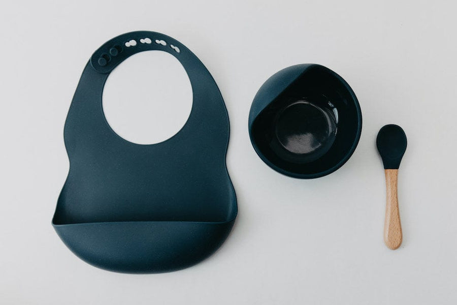 Narz Baby Bib, Bowl & Spoon Set Silicone Bib, Bowl & Spoon Set - Navy